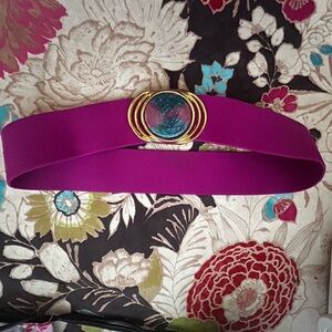 Vintage Pink Elastic Belt with Gold and Pink/Blue Buckle